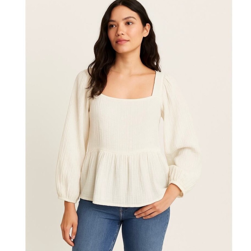 Madewell Lightspun Millbrook Puff-Sleeve Peplum‎ Top in Cream Size XXS